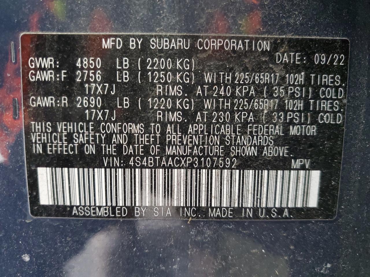 2023 SUBARU OUTBACK  VIN:4S4BTAACXP3107592