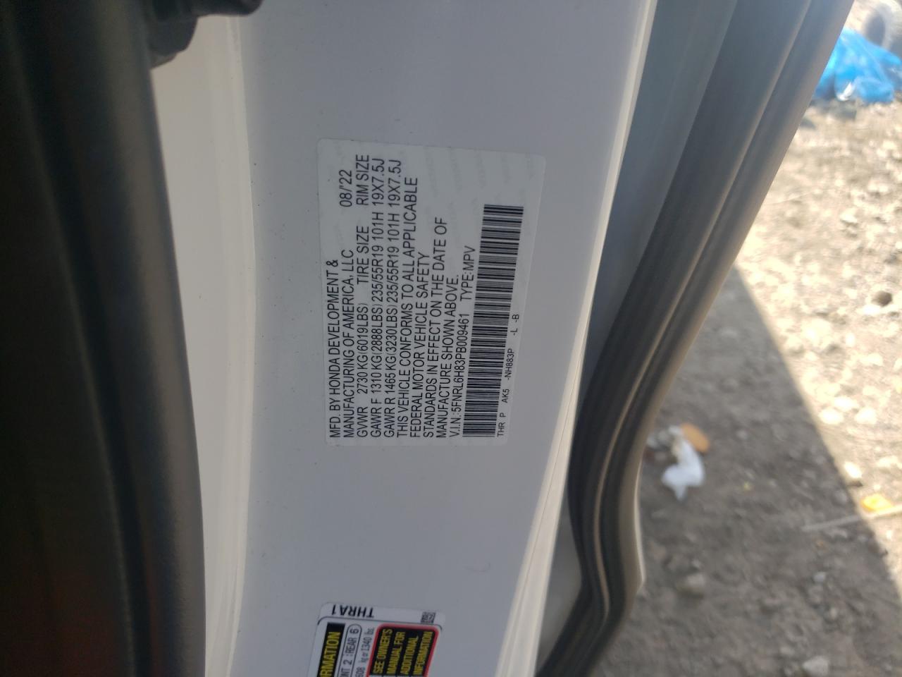 2023 HONDA ODYSSEY TOURING VIN:5FNRL6H83PB009461