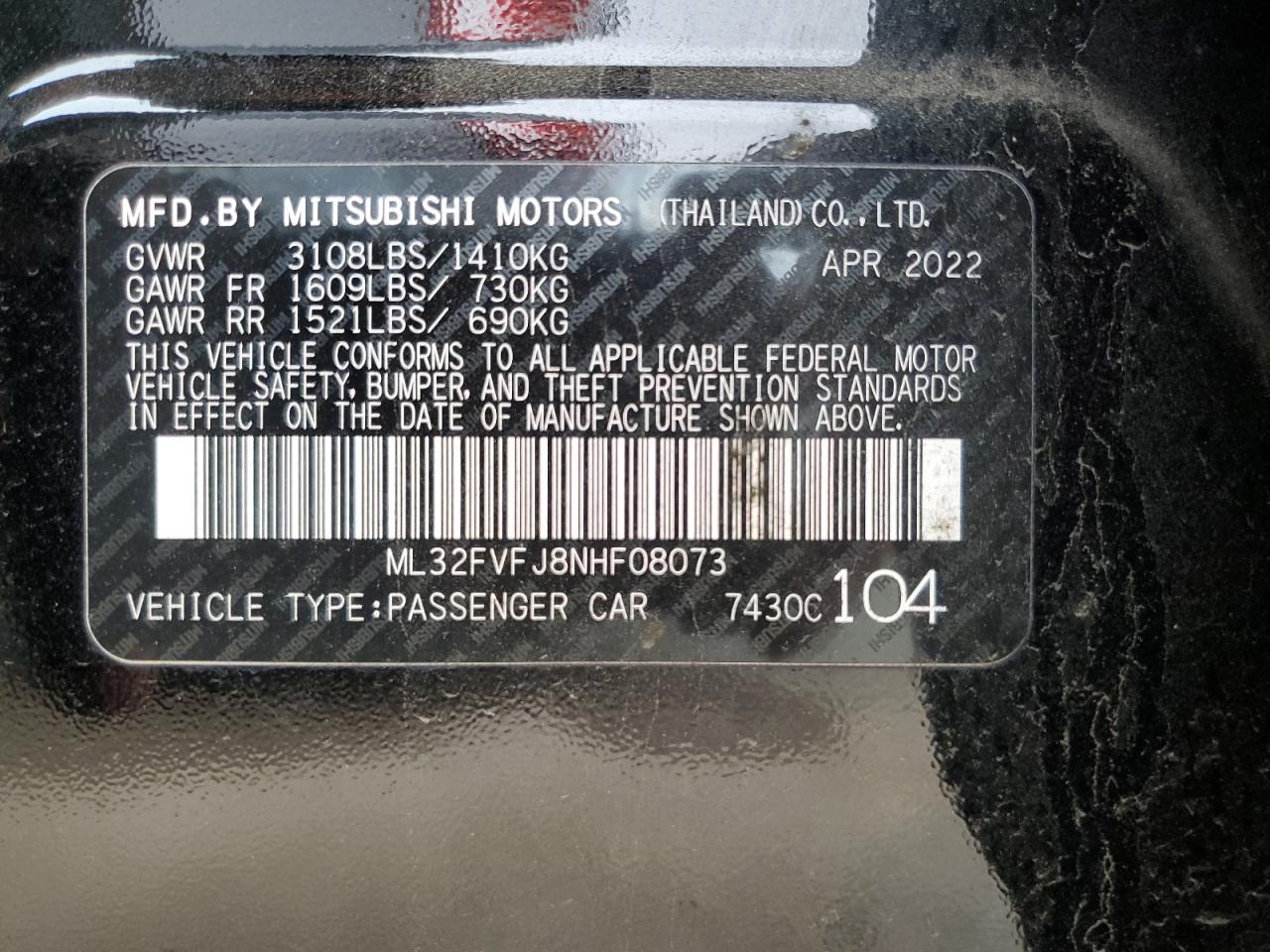 2022 MITSUBISHI MIRAGE G4 SE VIN:ML32FVFJ8NHF08073