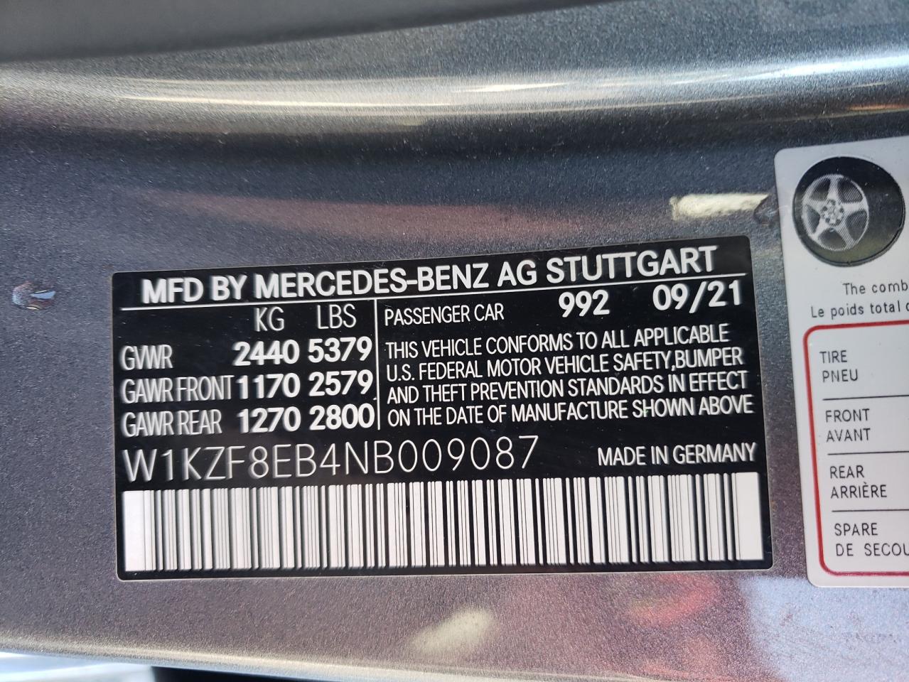 2022 MERCEDES-BENZ E 350 4MATIC VIN:W1KZF8EB4NB009087