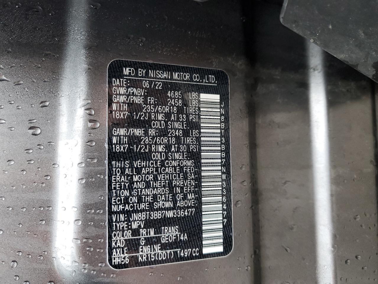 2022 NISSAN ROGUE SV VIN:JN8BT3BB7NW336477