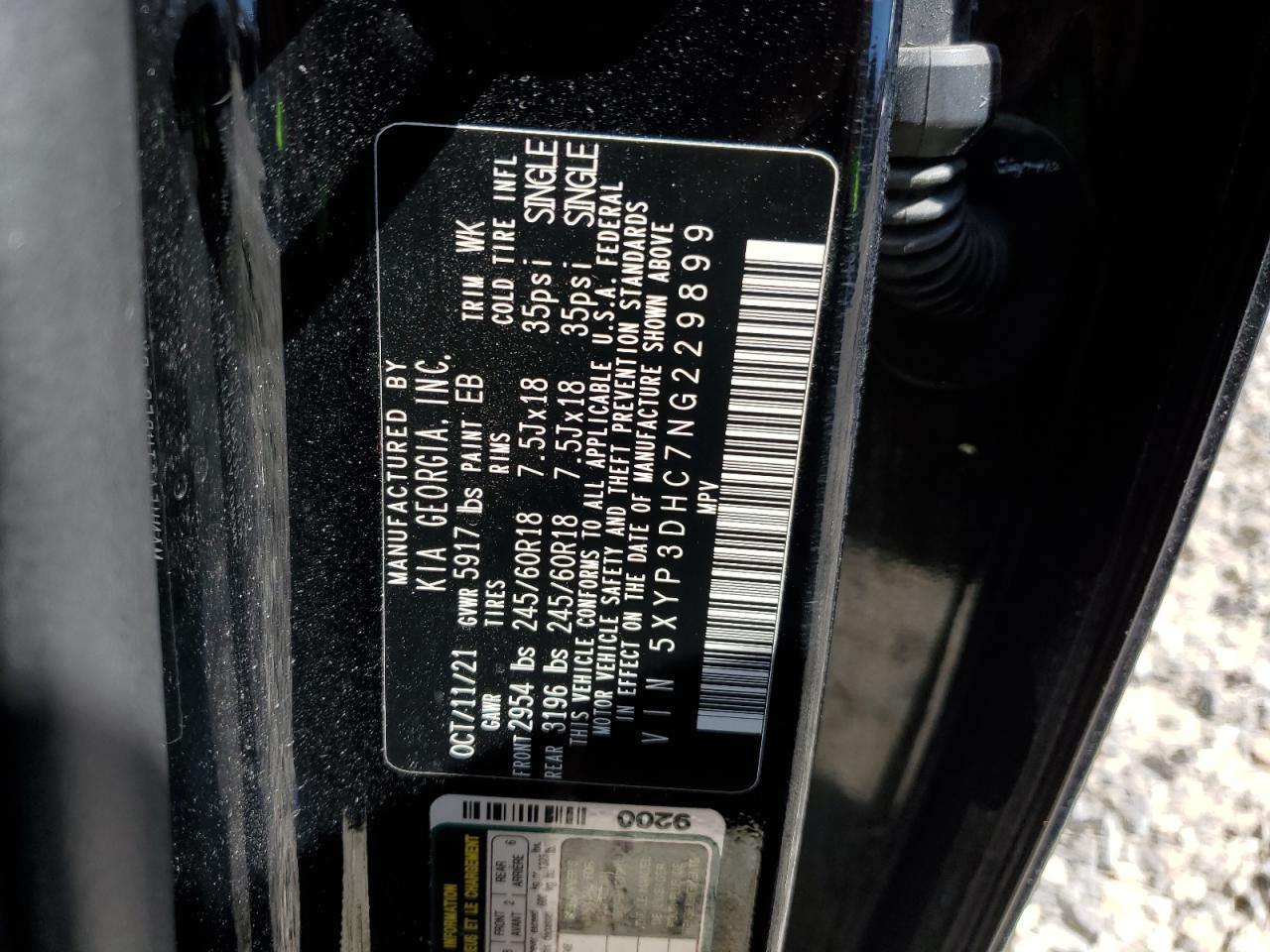 2022 KIA TELLURIDE EX VIN:5XYP3DHC7NG229899