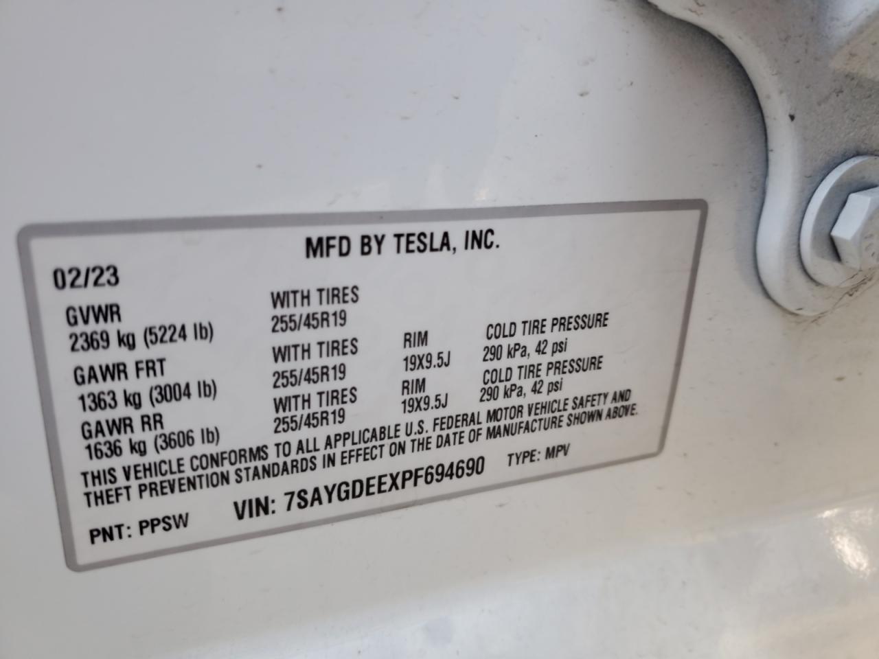 2023 TESLA MODEL Y  VIN:7SAYGDEEXPF694690