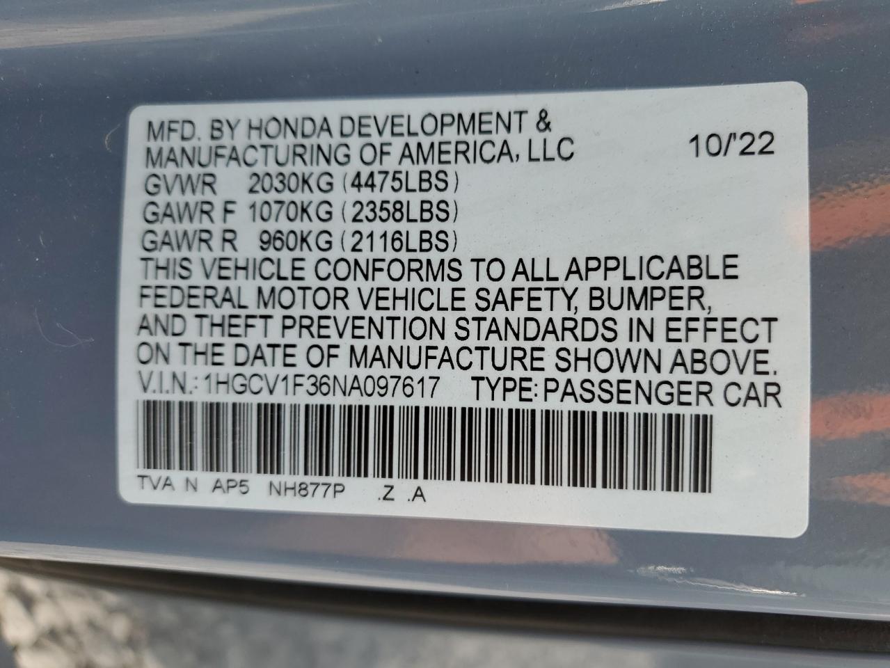 2022 HONDA ACCORD SPORT VIN:1HGCV1F36NA097617