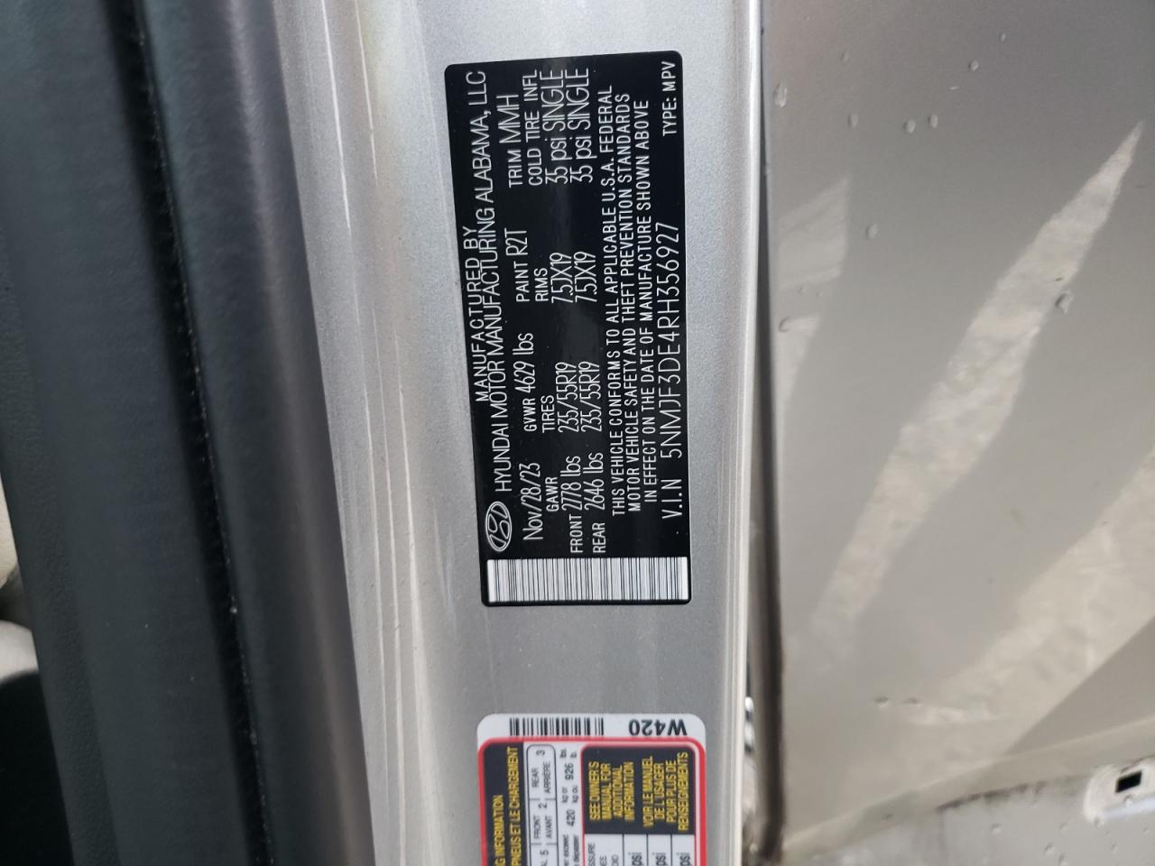 2024 HYUNDAI TUCSON SEL VIN:5NMJF3DE4RH356927