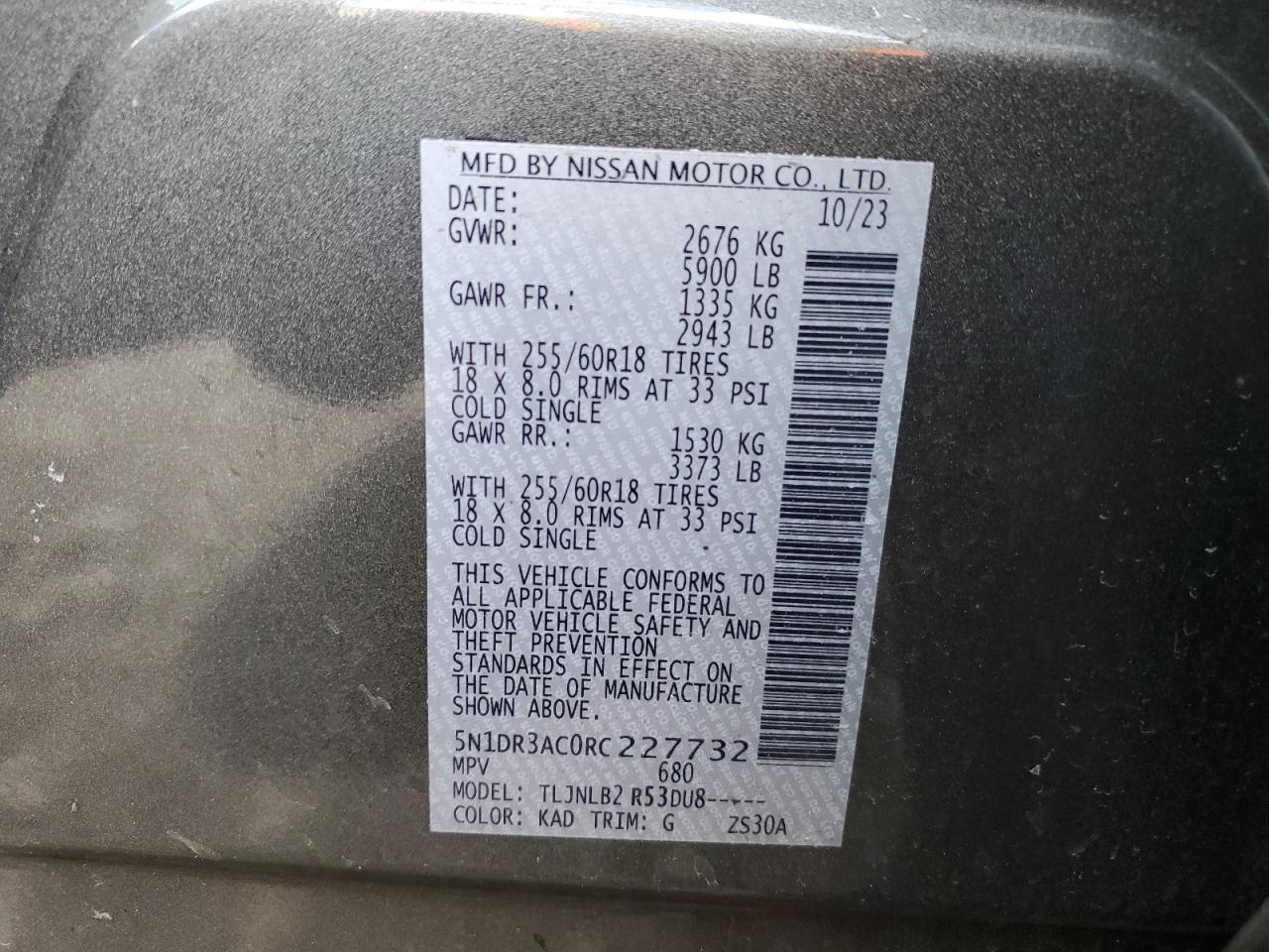 2024 NISSAN PATHFINDER S VIN:5N1DR3AC0RC227732