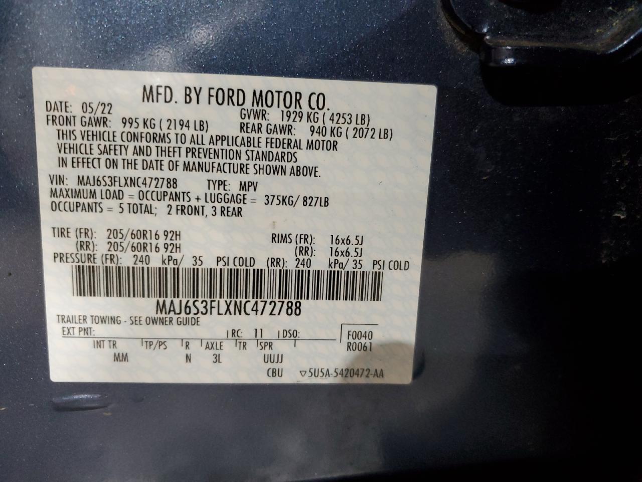 2022 FORD ECOSPORT S VIN:MAJ6S3FLXNC472788