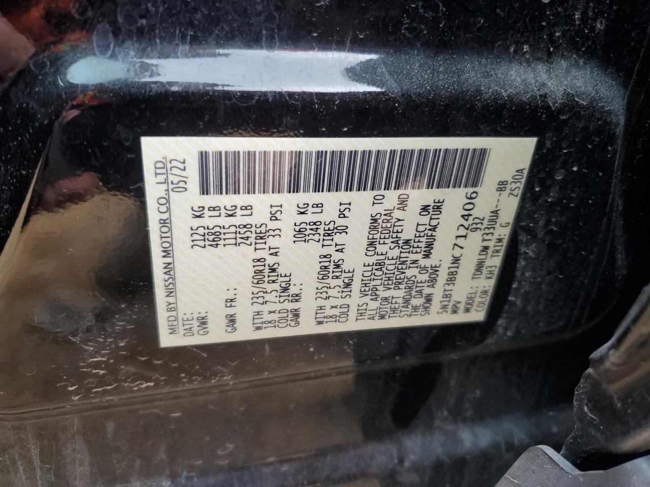 2022 NISSAN ROGUE SV VIN:5N1BT3BB1NC712406