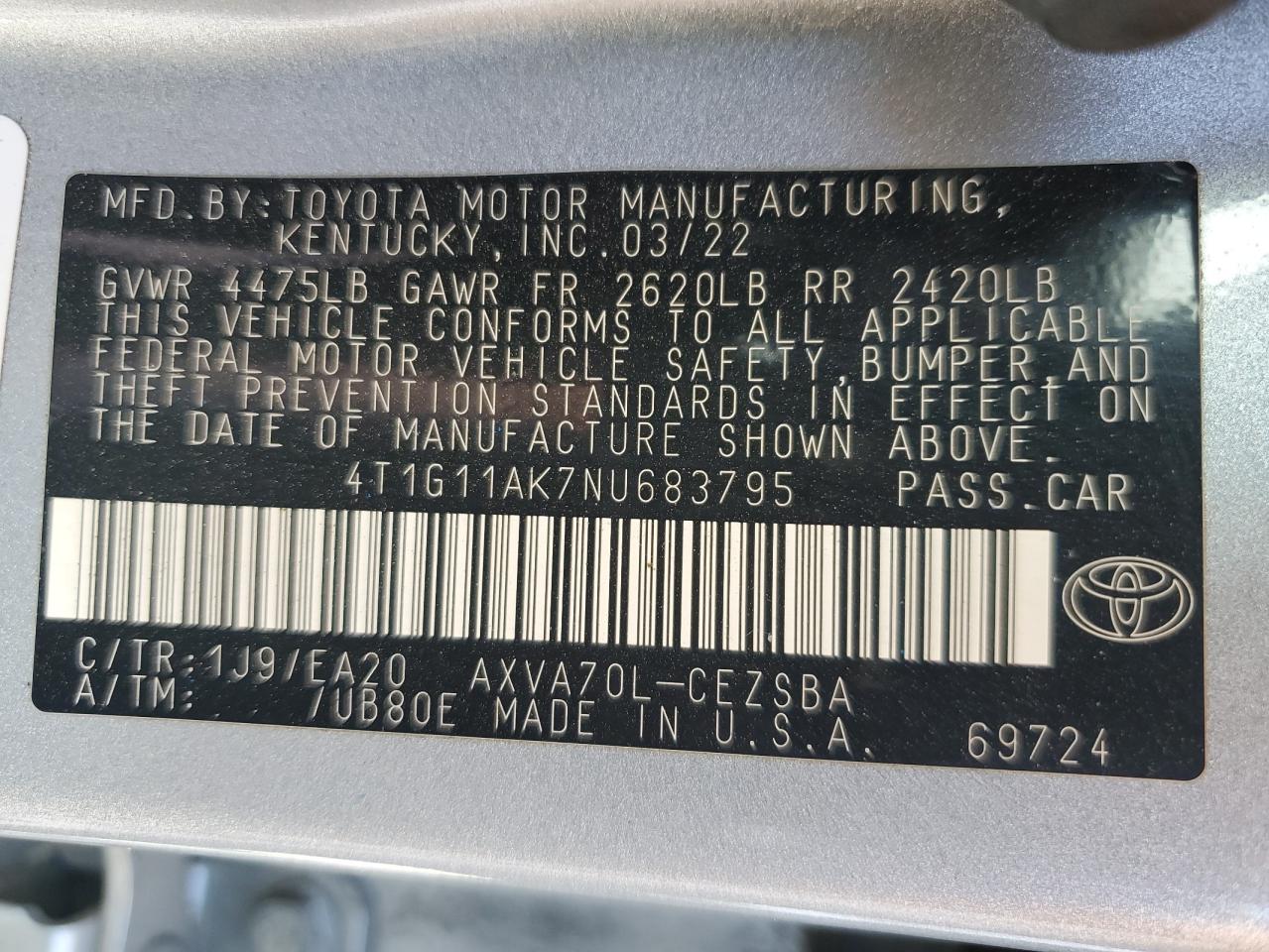 2022 TOYOTA CAMRY SE VIN:4T1G11AK7NU683795