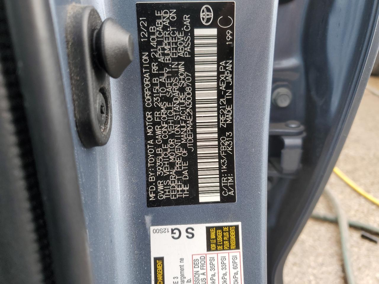 2022 TOYOTA COROLLA LE VIN:JTDEPMAE2N3008707