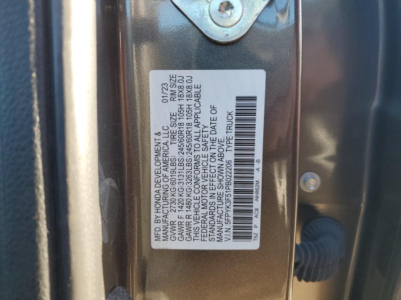 2023 HONDA RIDGELINE RTL VIN:5FPYK3F51PB022206