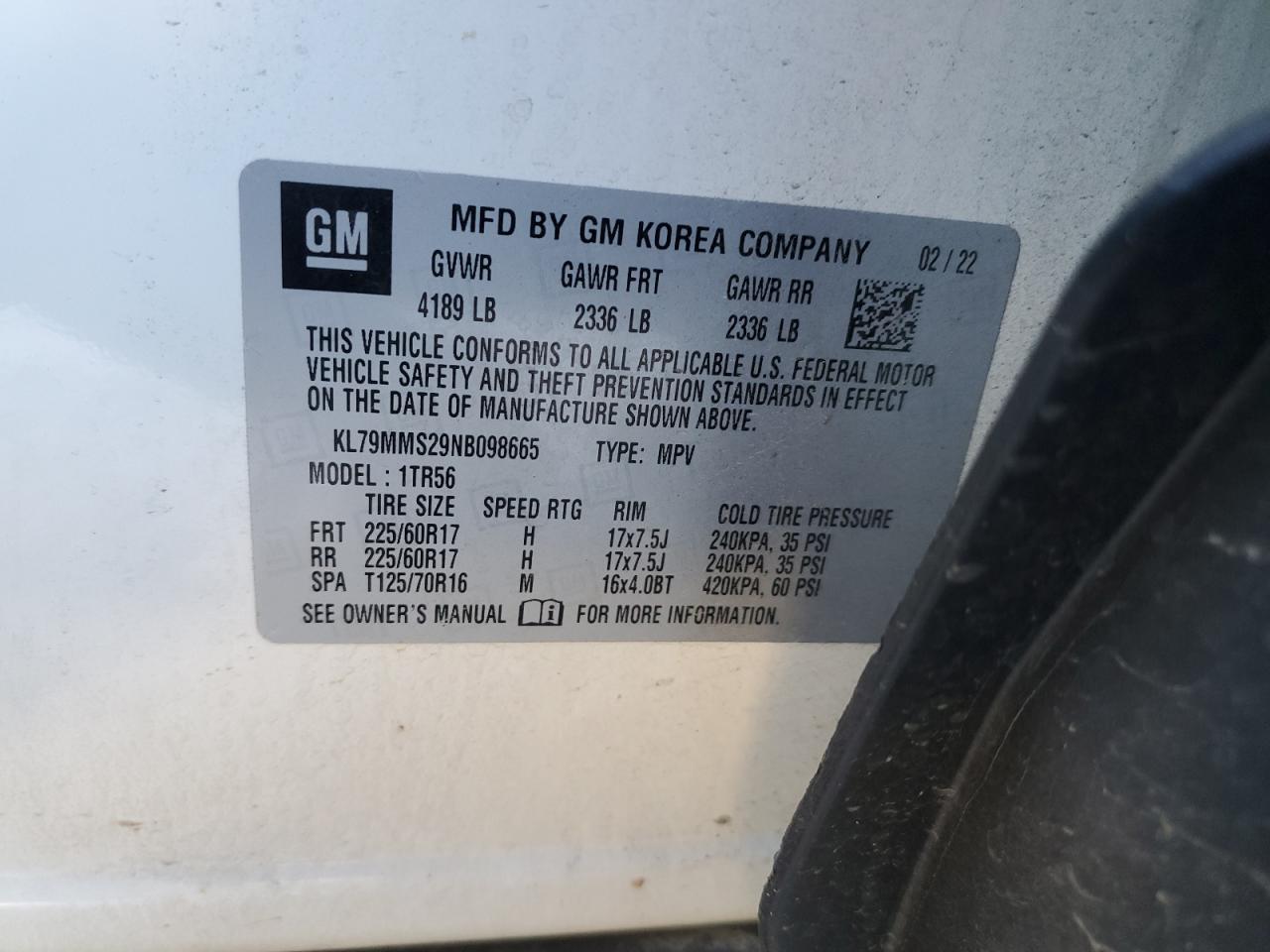 2022 CHEVROLET TRAILBLAZER LS VIN:KL79MMS29NB098665