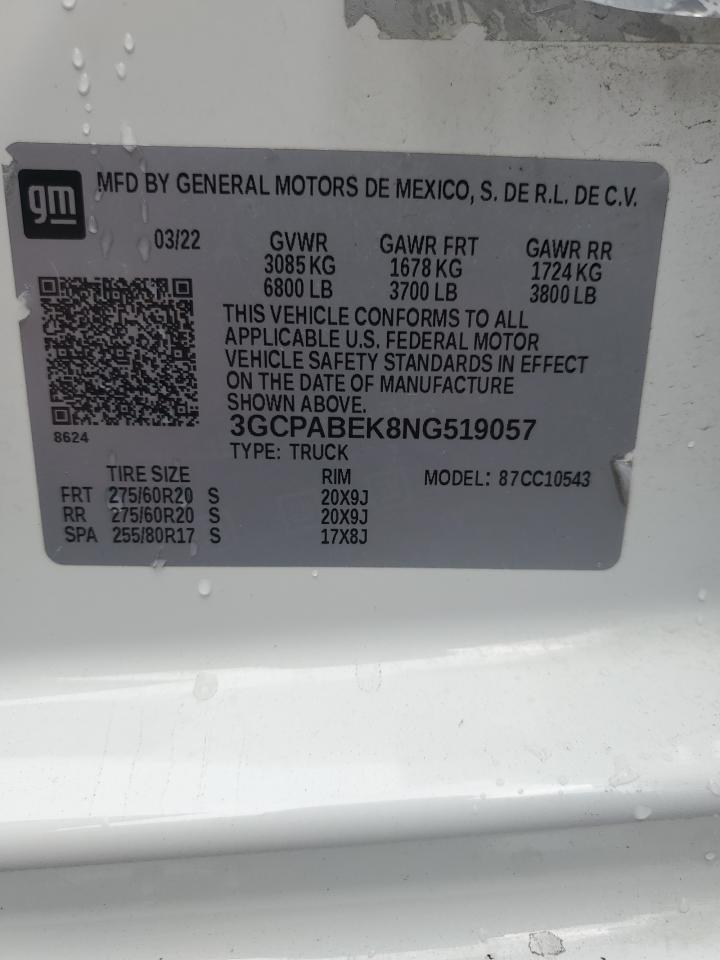 2022 CHEVROLET SILVERADO C1500 CUSTOM VIN:3GCPABEK8NG519057