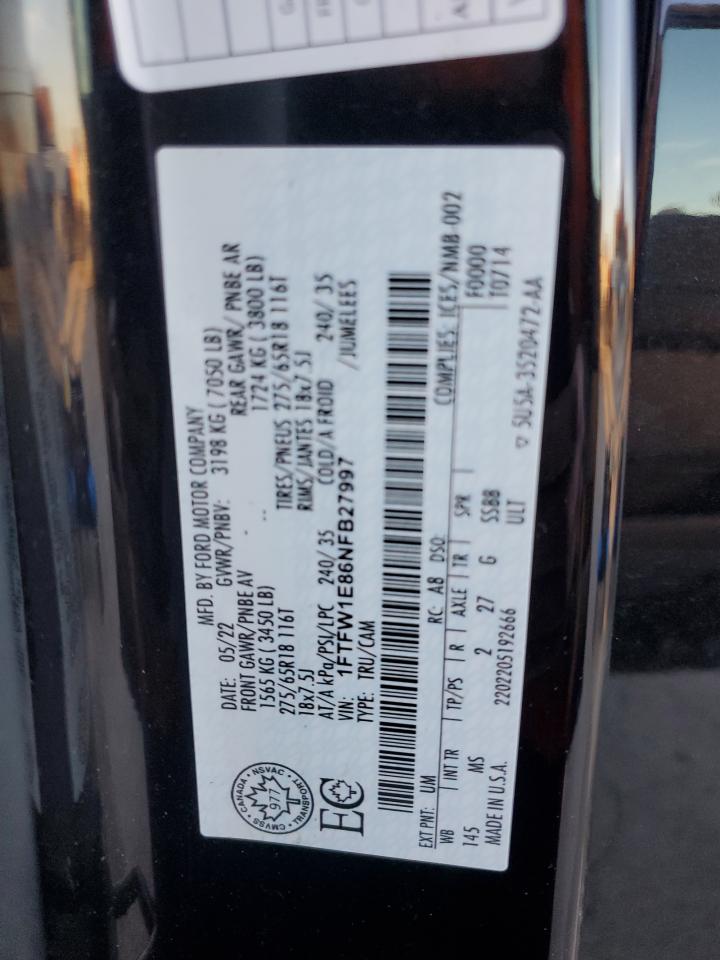 2022 FORD F150 SUPERCREW VIN:1FTFW1E86NFB27997
