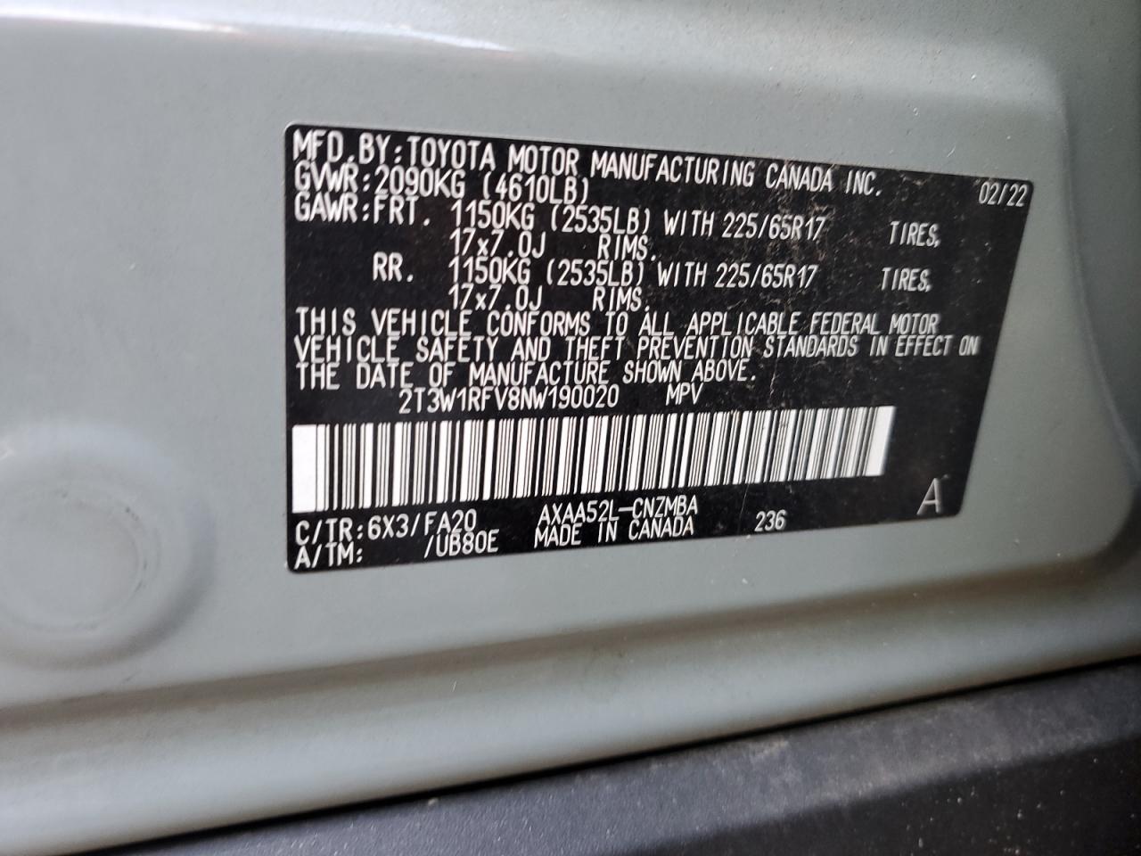 2022 TOYOTA RAV4 XLE VIN:2T3W1RFV8NW190020