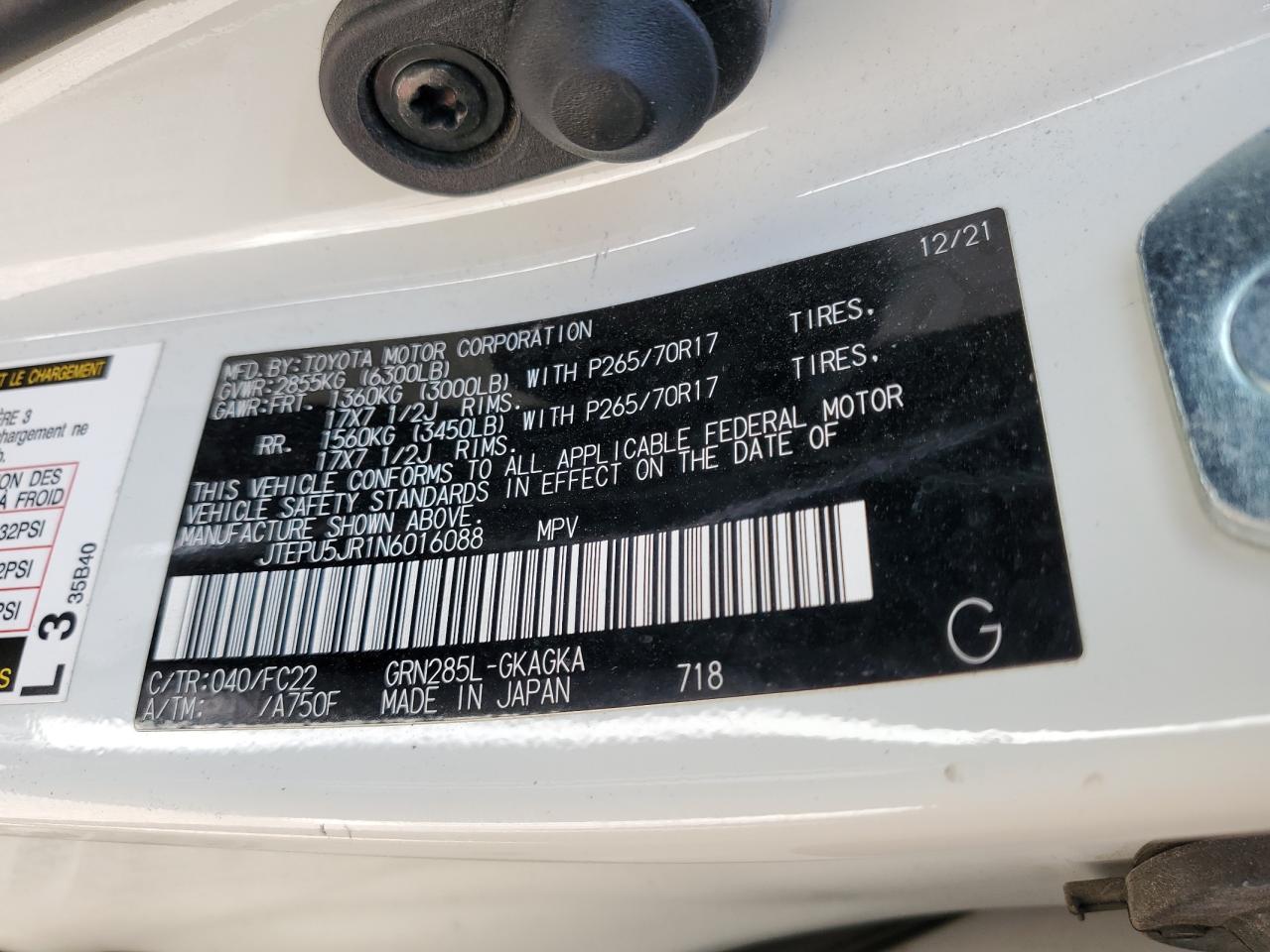 2022 TOYOTA 4RUNNER SR5/SR5 PREMIUM VIN:JTEPU5JR1N6016088