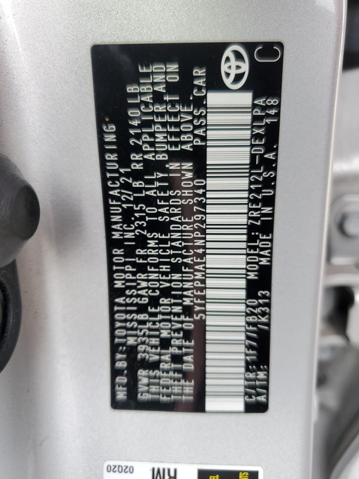 2022 TOYOTA COROLLA LE VIN:5YFEPMAE4NP297340