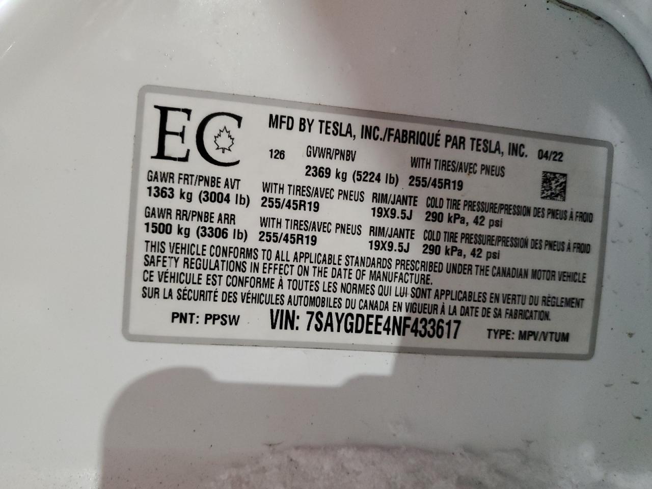 2022 TESLA MODEL Y  VIN:7SAYGDEE4NF433617