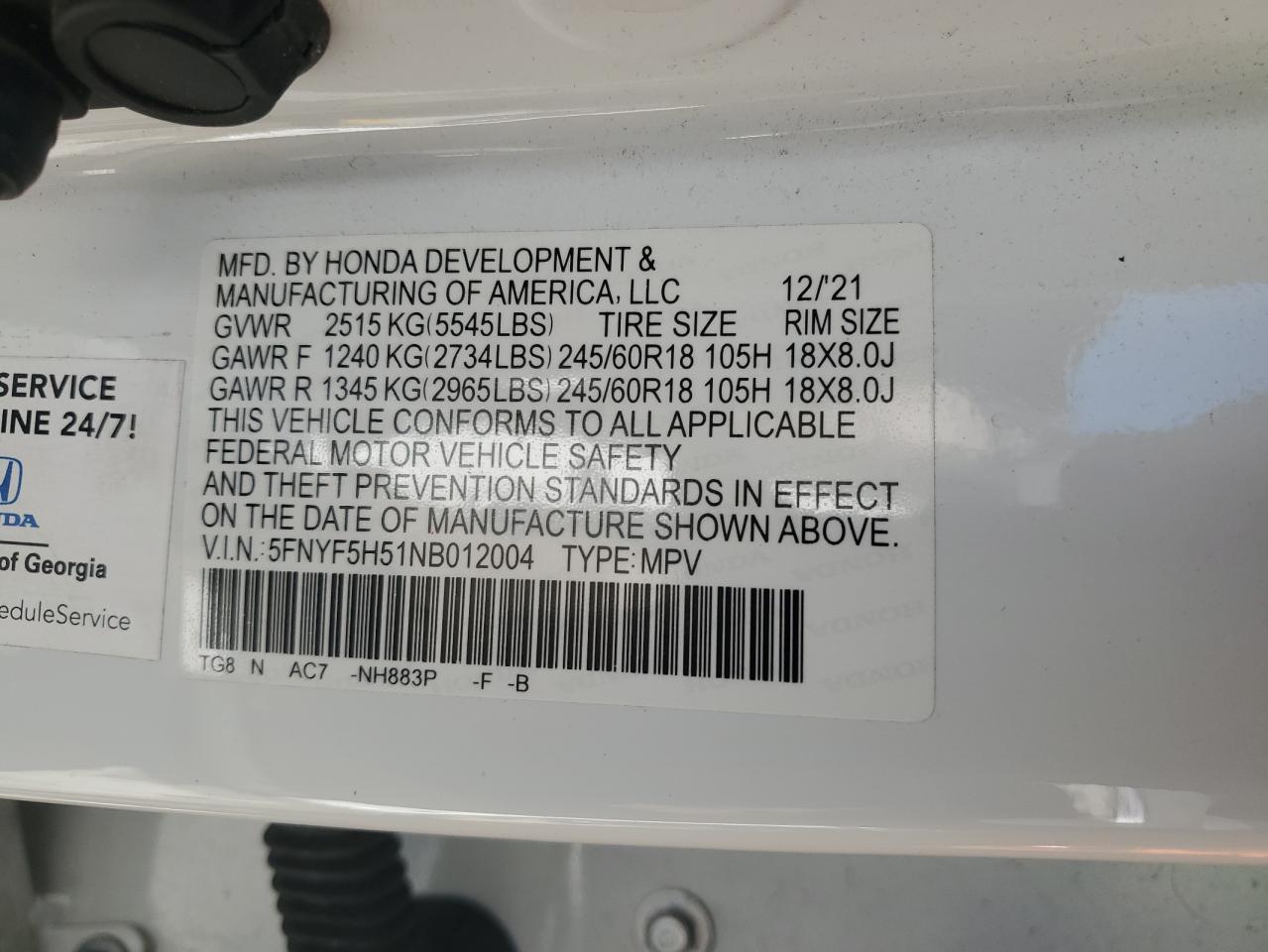 2022 HONDA PILOT EXL VIN:5FNYF5H51NB012004