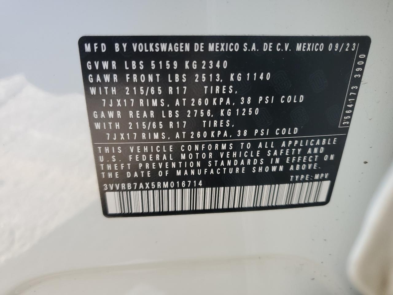 2024 VOLKSWAGEN TIGUAN S VIN:3VVRB7AX5RM016714