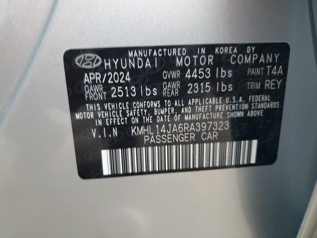 2024 HYUNDAI SONATA SEL VIN:KMHL14JA6RA397323