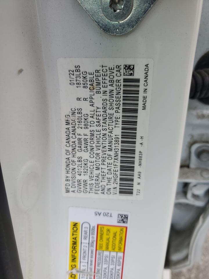 2022 HONDA CIVIC EX VIN:2HGFE1F7XNH313891