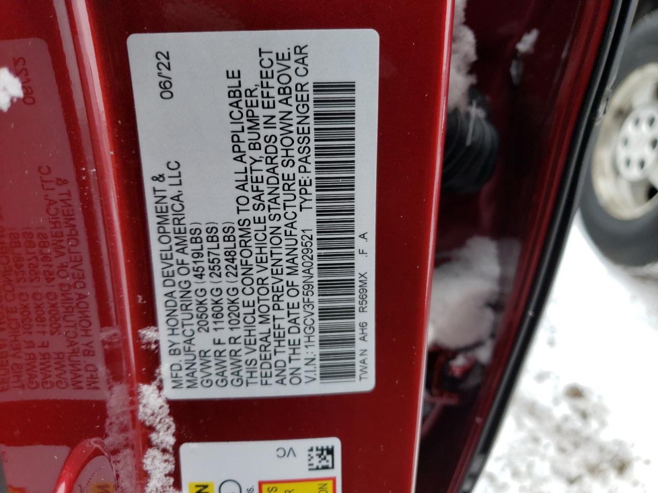 2022 HONDA ACCORD HYBRID EXL VIN:1HGCV3F59NA029521
