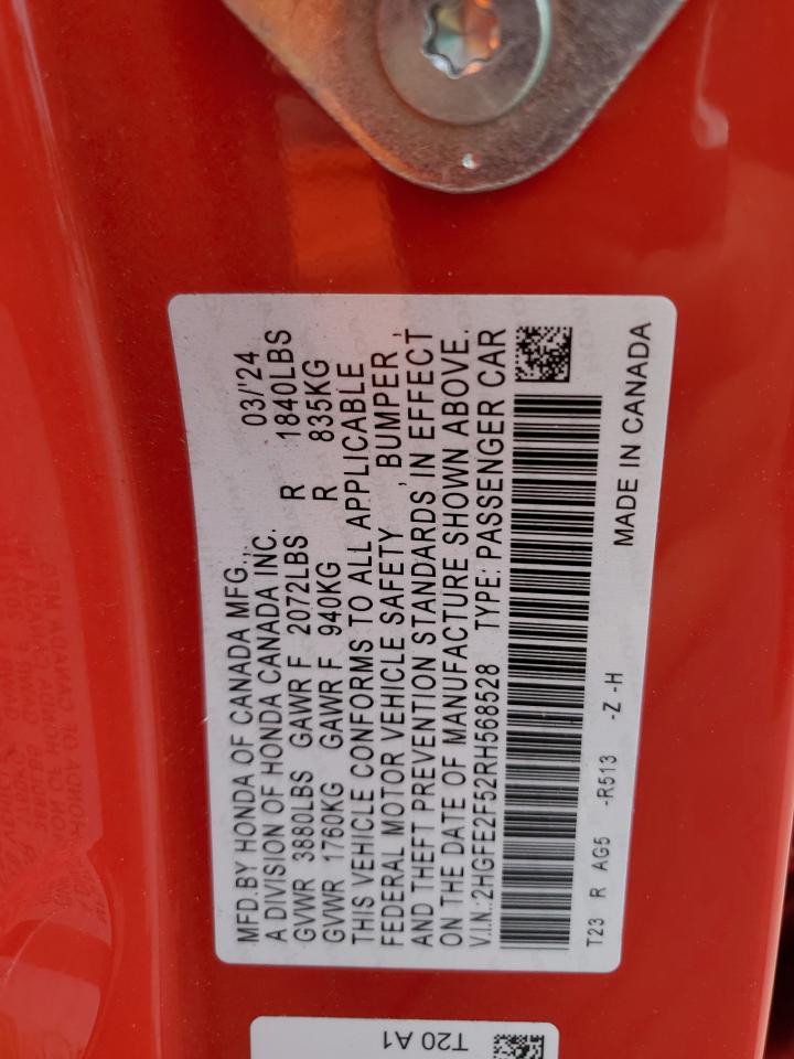 2024 HONDA CIVIC SPORT VIN:2HGFE2F52RH568528