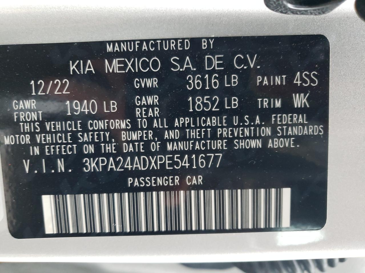 2023 KIA RIO LX VIN:3KPA24ADXPE541677