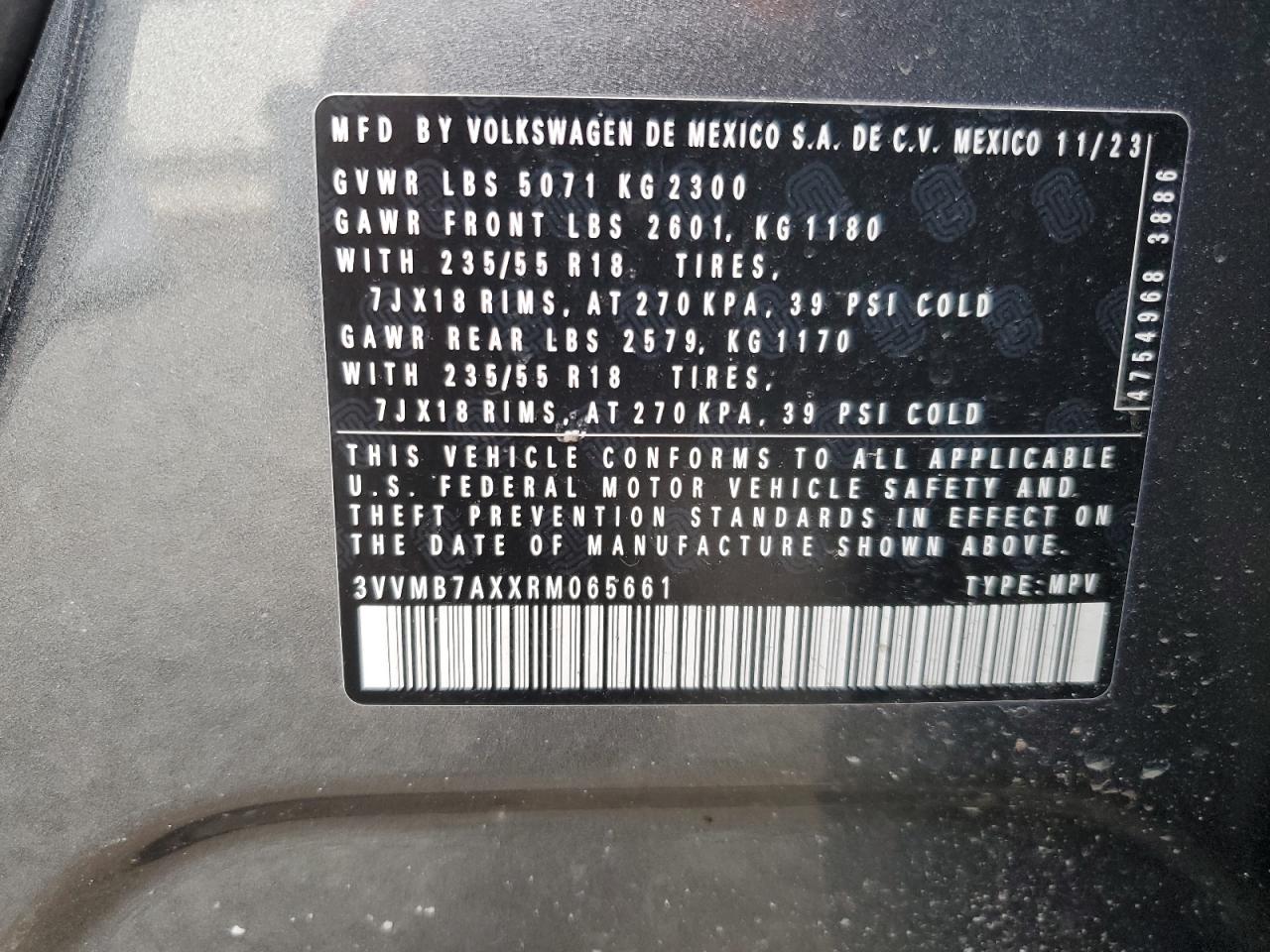 2024 VOLKSWAGEN TIGUAN SE VIN:3VVMB7AXXRM065661