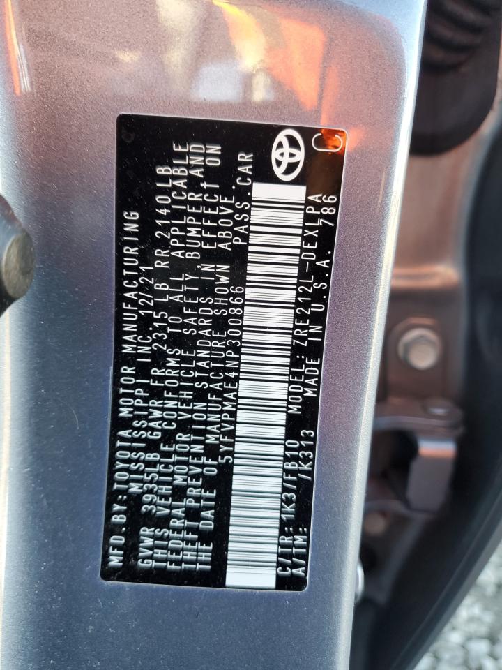 2022 TOYOTA COROLLA LE VIN:5YFVPMAE4NP300866