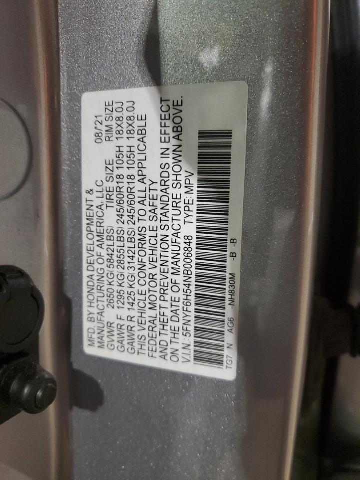 2022 HONDA PILOT EXL VIN:5FNYF6H54NB006848