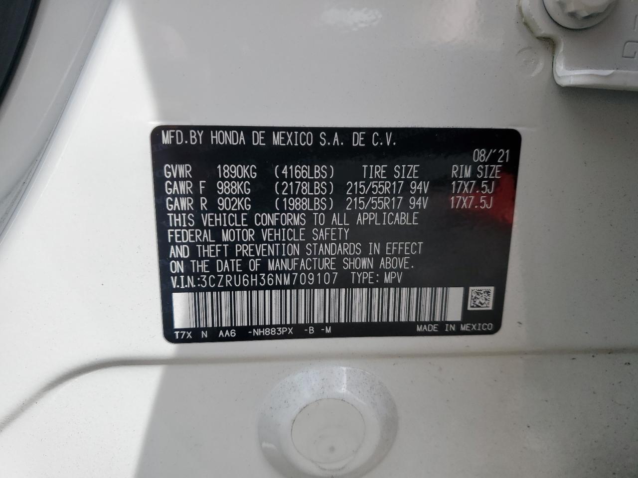 2022 HONDA HR-V LX VIN:3CZRU6H36NM709107