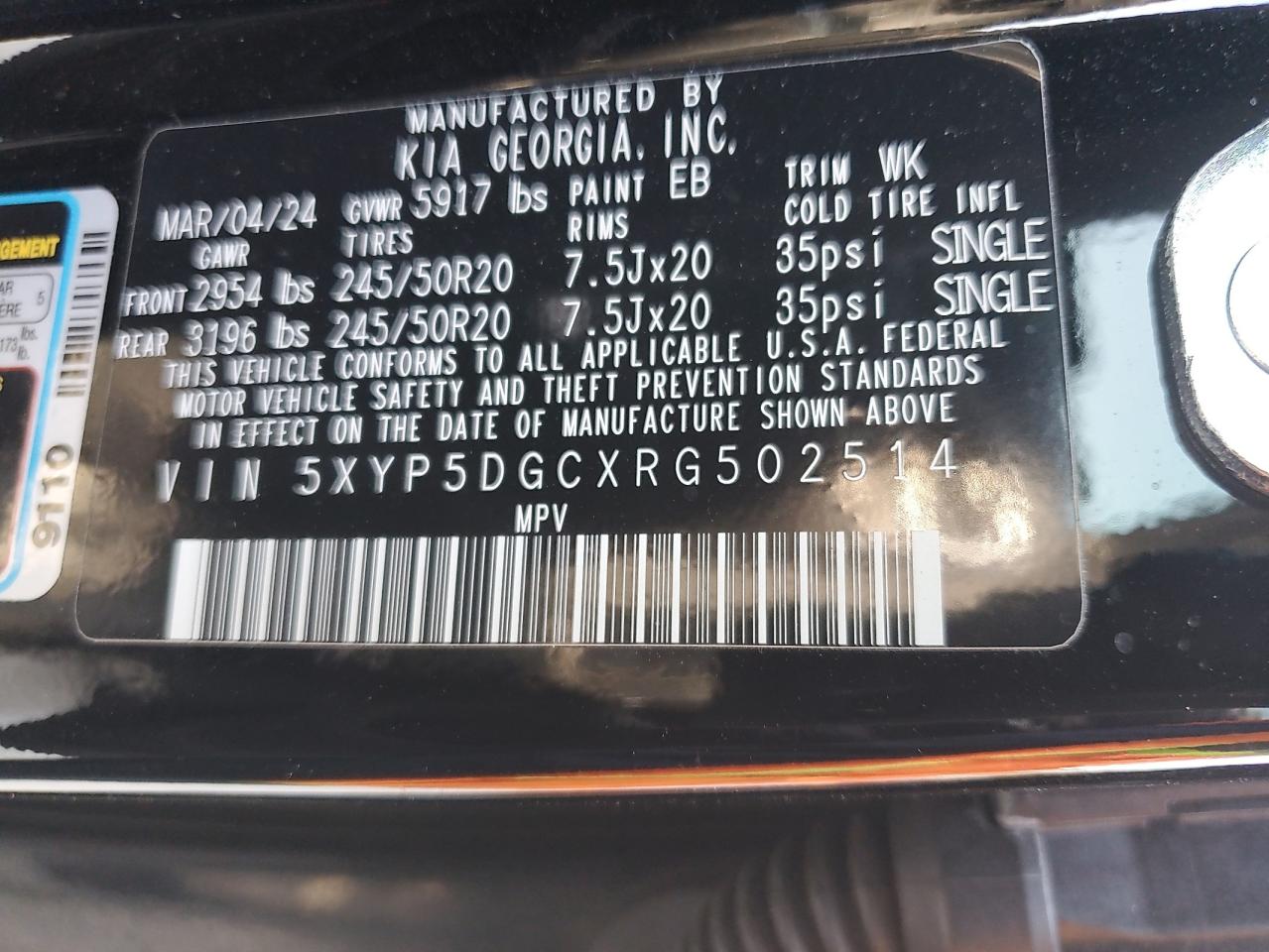 2024 KIA TELLURIDE SX VIN:5XYP5DGCXRG502514