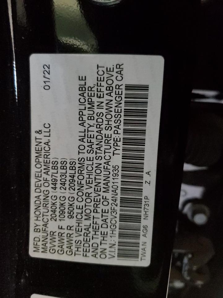 2022 HONDA ACCORD HYBRID SPORT VIN:1HGCV3F24NA011935