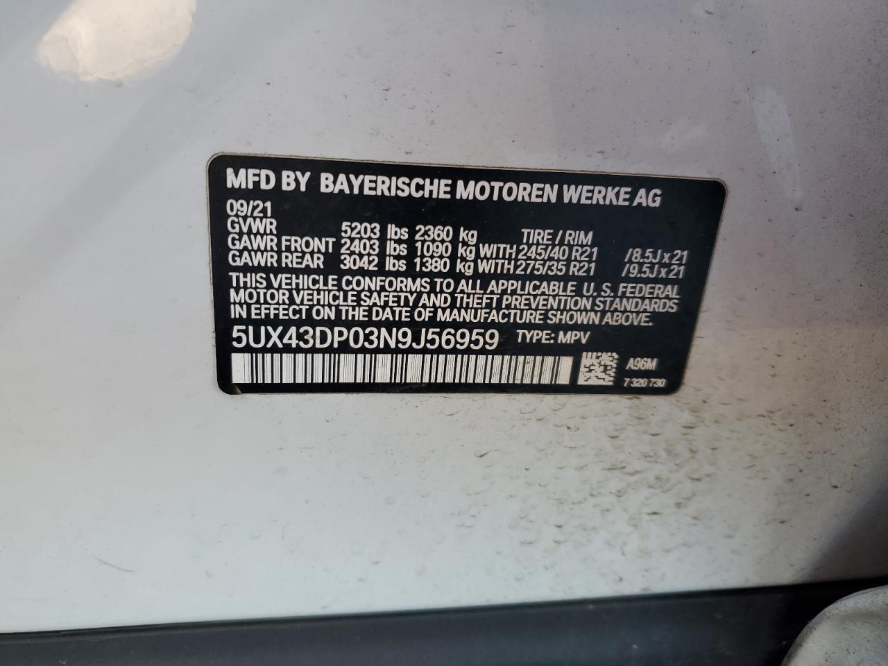 2022 BMW X3 SDRIVE30I VIN:5UX43DP03N9J56959