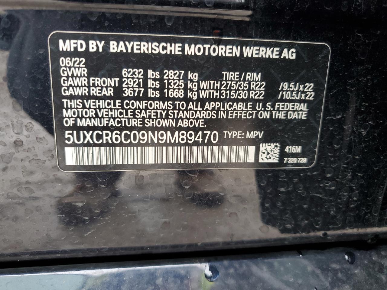 2022 BMW X5 XDRIVE40I VIN:5UXCR6C09N9M89470