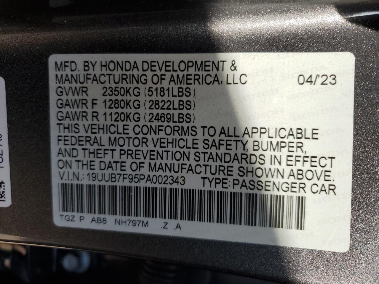 2023 ACURA TLX TYPE S VIN:19UUB7F95PA002343