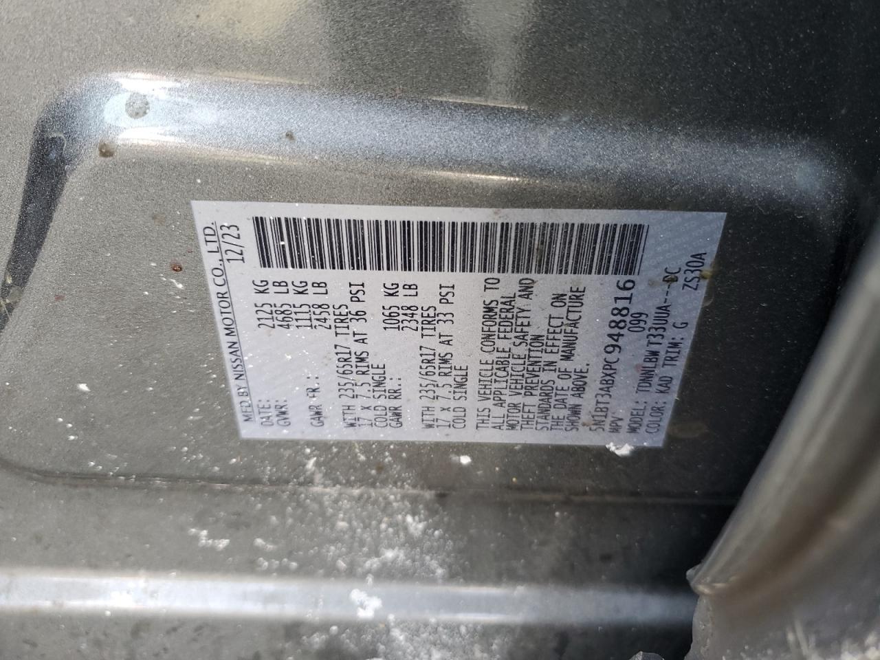 2023 NISSAN ROGUE S VIN:5N1BT3ABXPC948816