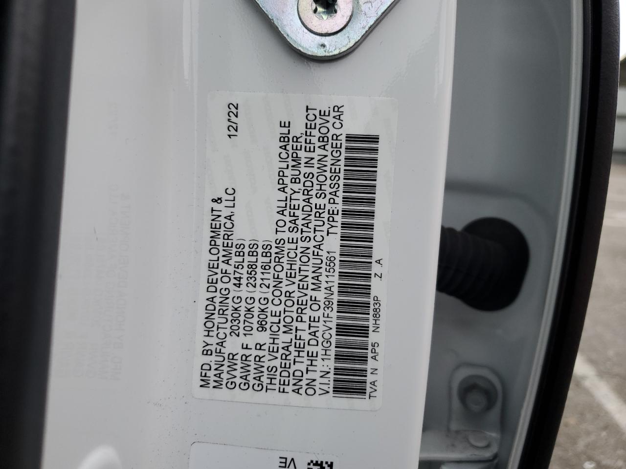 2022 HONDA ACCORD SPORT VIN:1HGCV1F39NA115561