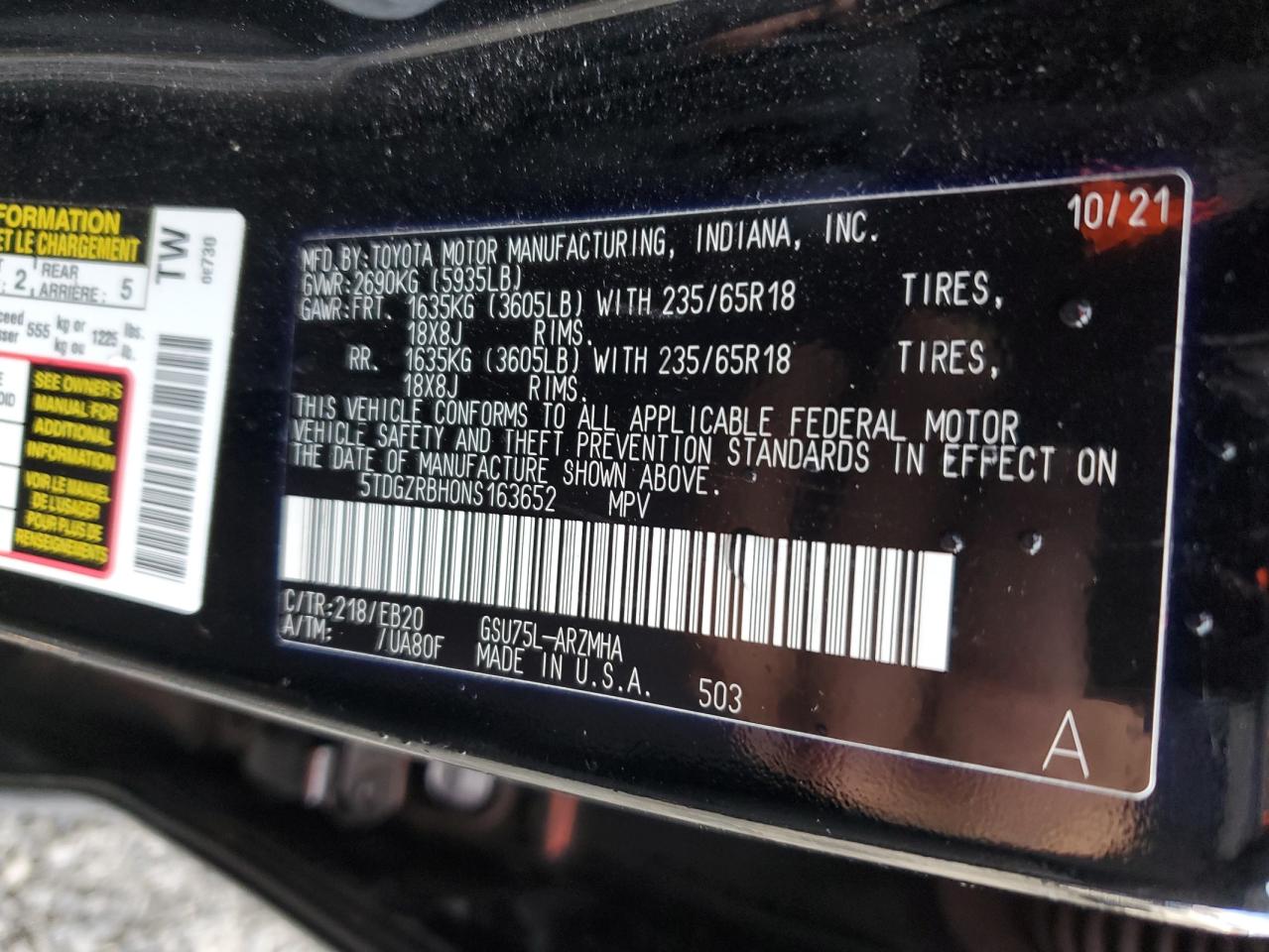 2022 TOYOTA HIGHLANDER XLE VIN:5TDGZRBH0NS163652