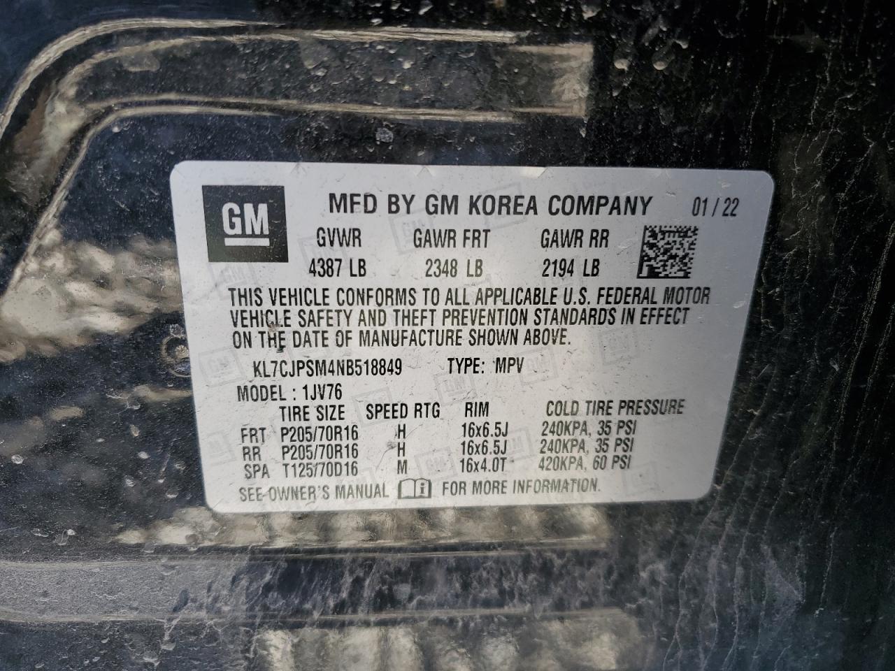 2022 CHEVROLET TRAX 1LT VIN:KL7CJPSM4NB518849