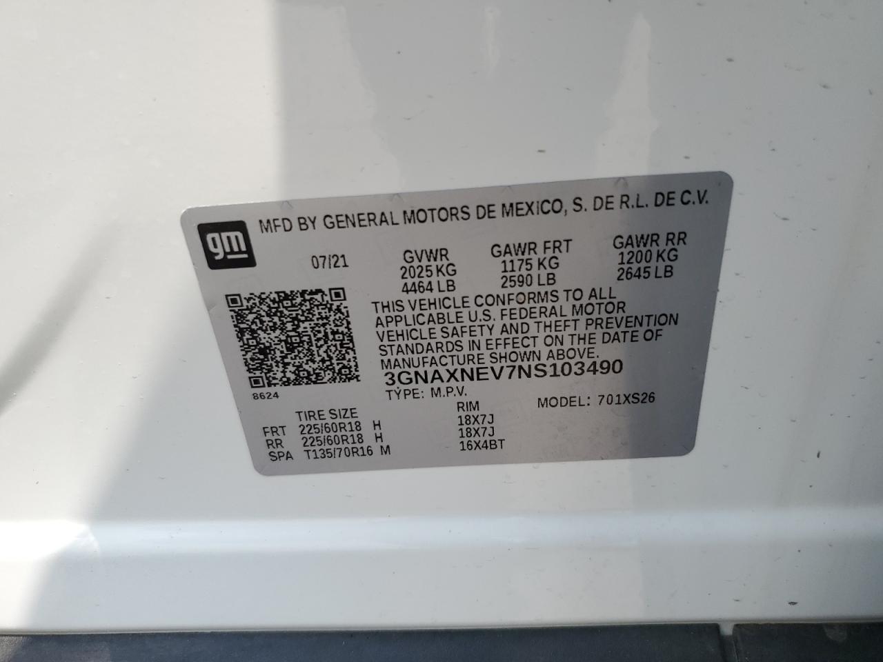 2022 CHEVROLET EQUINOX PREMIER VIN:3GNAXNEV7NS103490