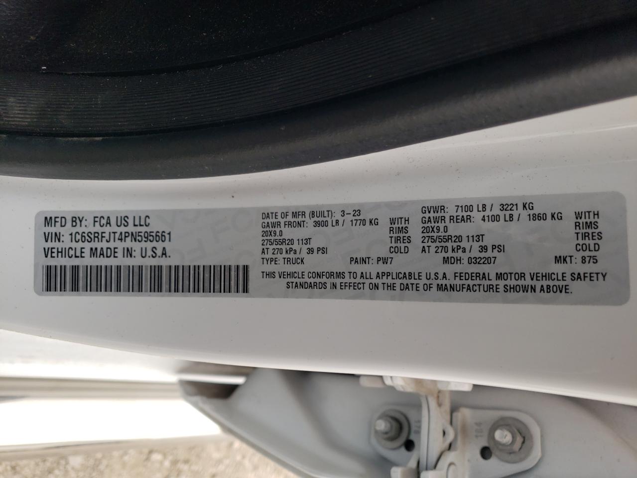 2023 RAM 1500 LARAMIE VIN:1C6SRFJT4PN595661