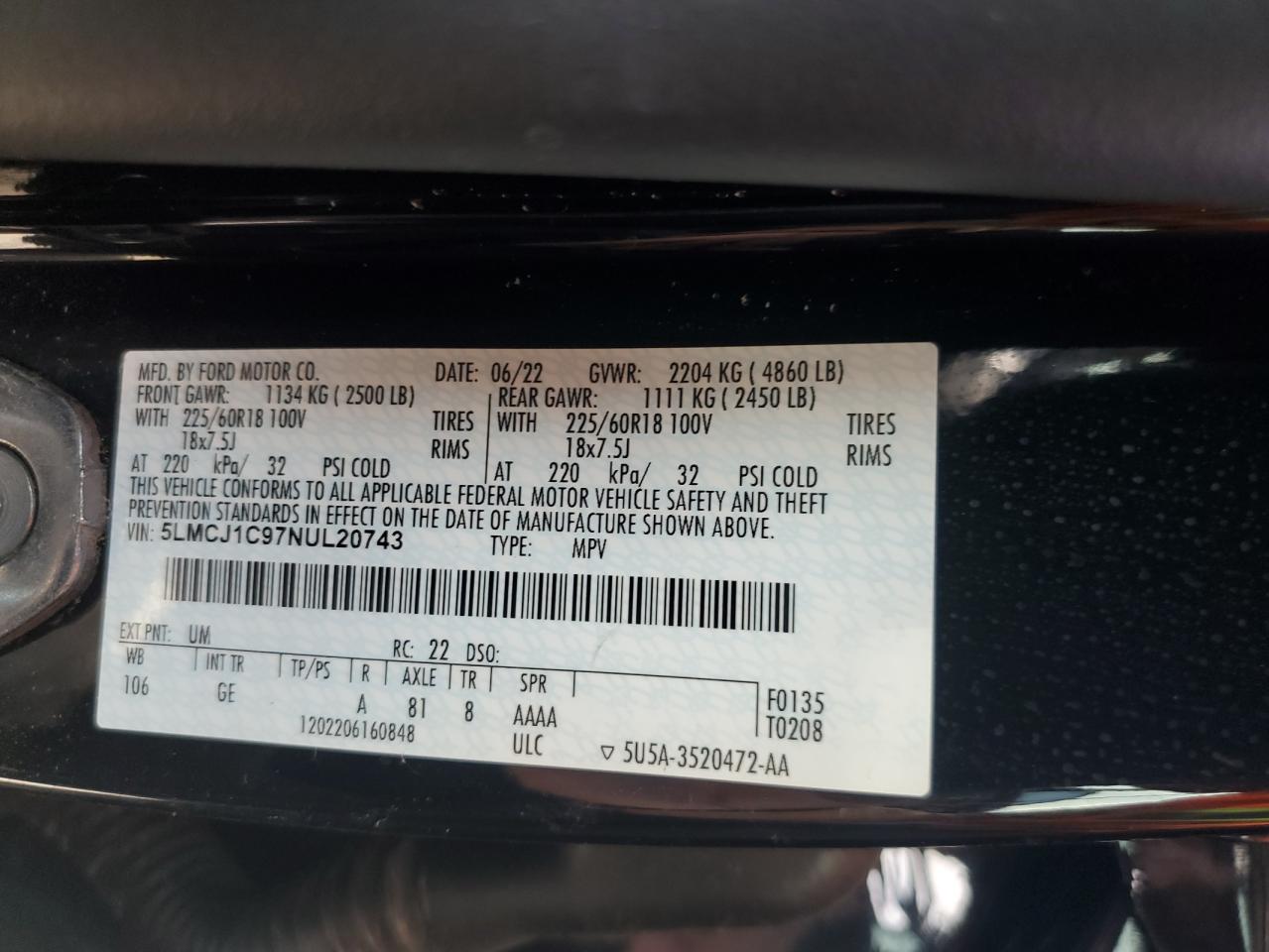 2022 LINCOLN CORSAIR  VIN:5LMCJ1C97NUL20743