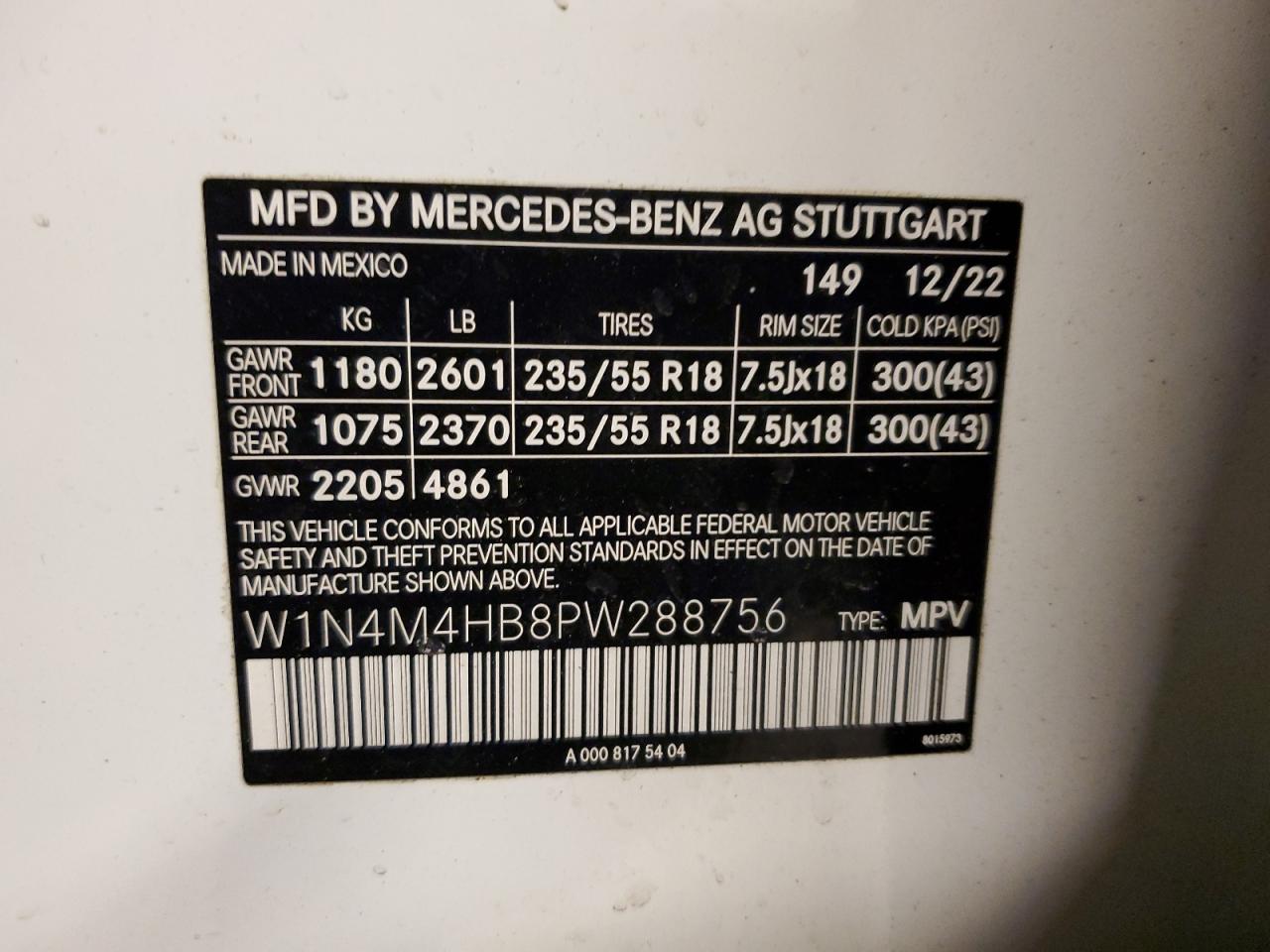 2023 MERCEDES-BENZ GLB 250 4MATIC VIN:W1N4M4HB8PW288756