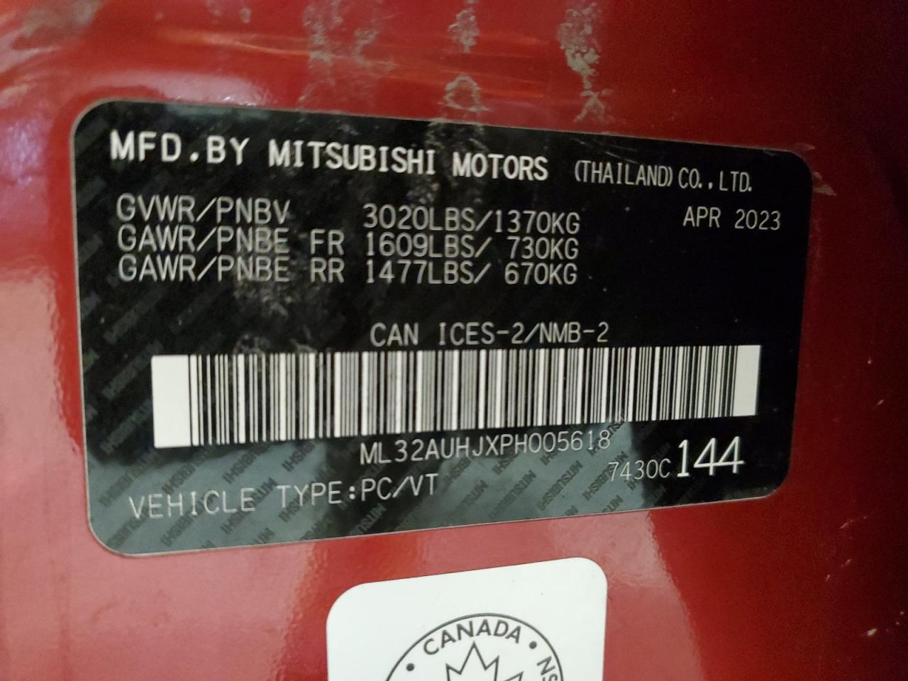 2023 MITSUBISHI MIRAGE ES VIN:ML32AUHJXPH005618