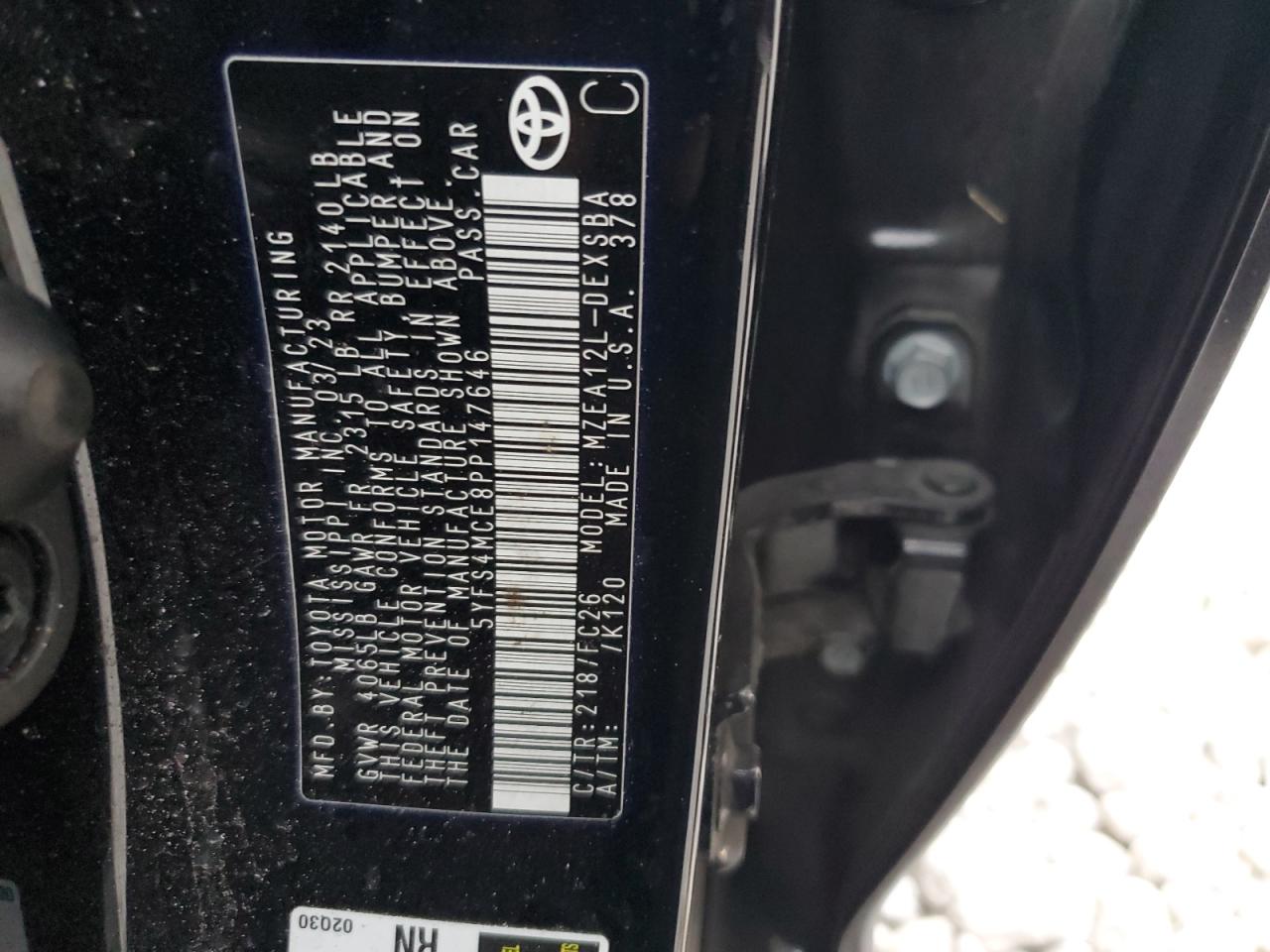 2023 TOYOTA COROLLA SE VIN:5YFS4MCE8PP147646