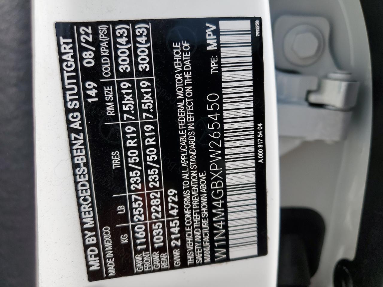 2023 MERCEDES-BENZ GLB 250 VIN:W1N4M4GBXPW265450