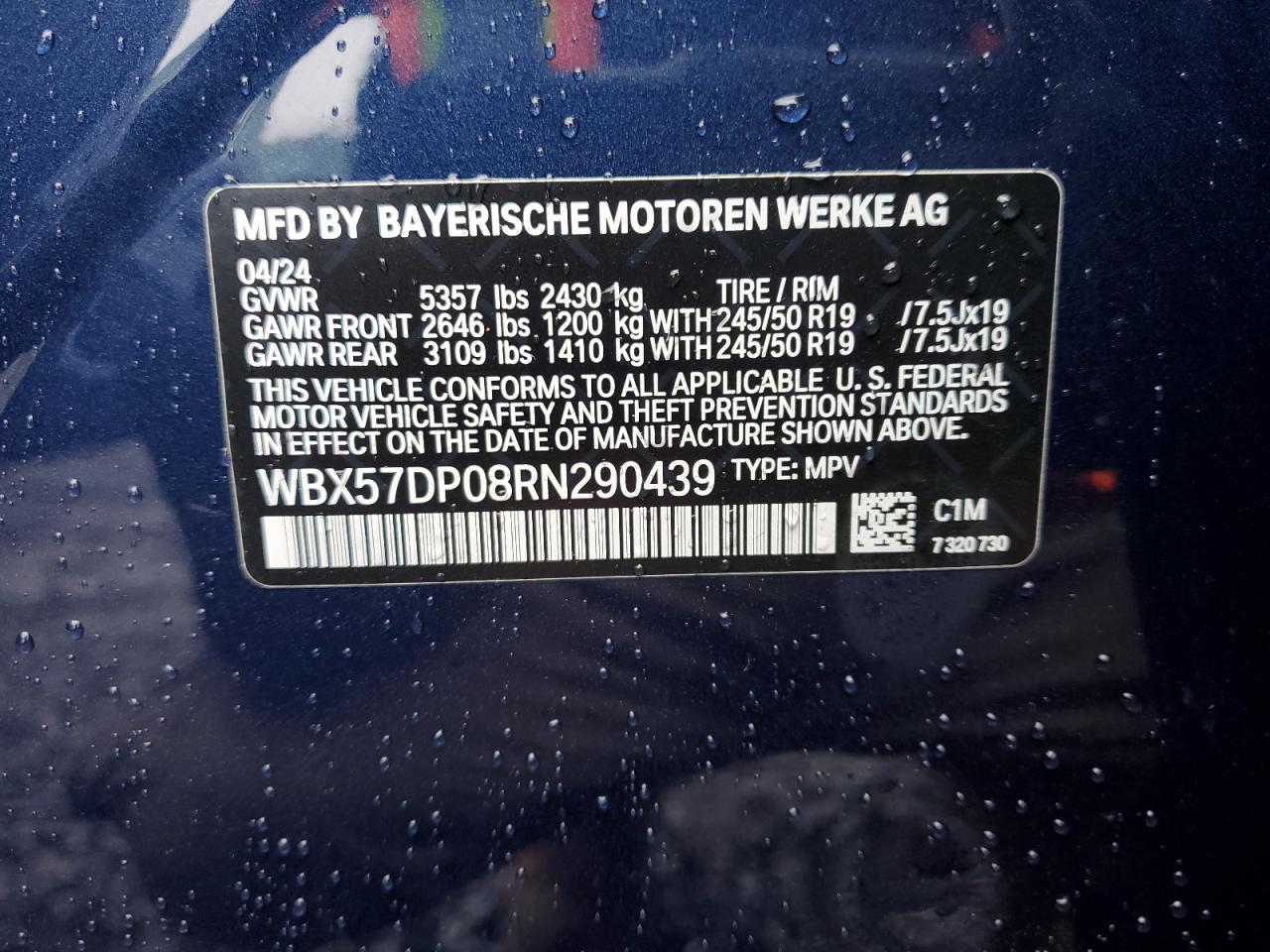 2024 BMW X3 XDRIVE30I VIN:WBX57DP08RN290439